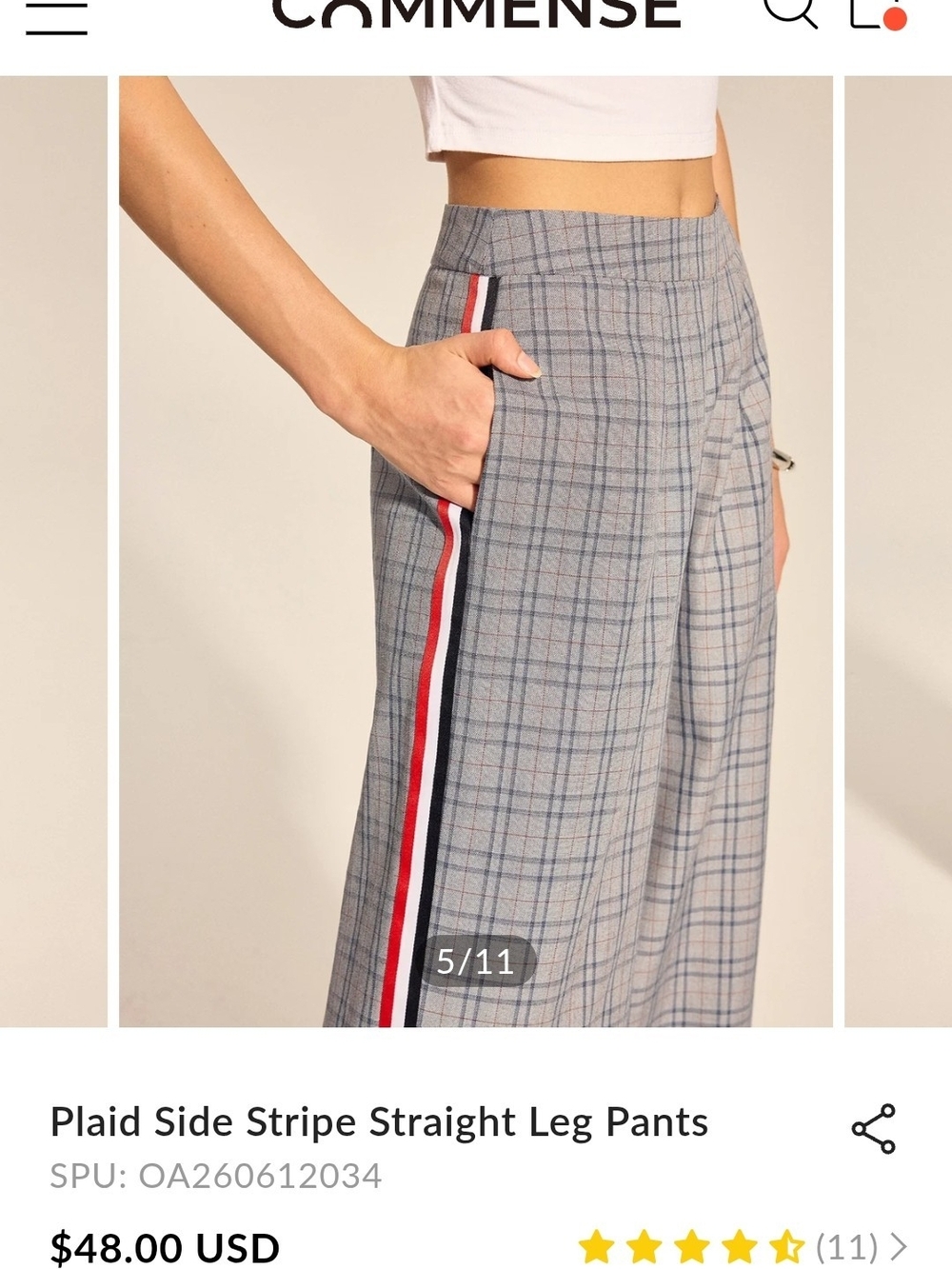 Commense Plaid Side Stripe Straight Leg Pants
